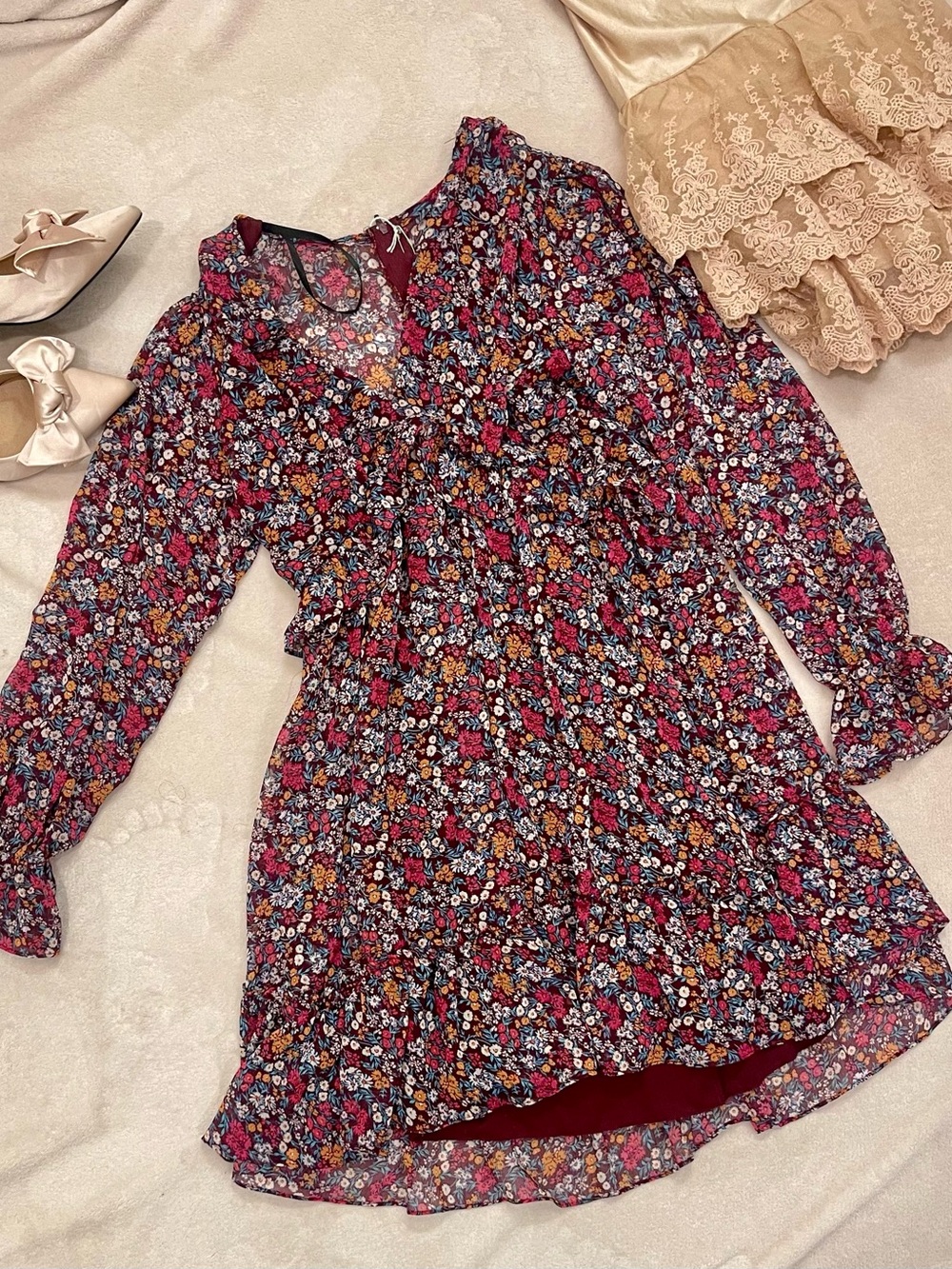 Floral Long Sleeve Tiered Mini Dress - Multicolor